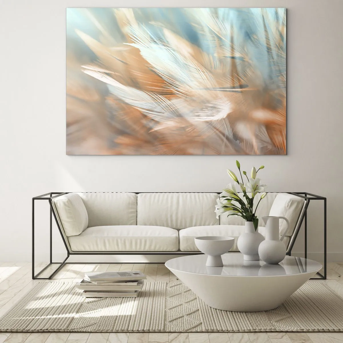 Billede på glas - Delikate fjer i pastelfarver af turkis og fersken - 70x50cm - I mildhedens land - Moderne vægdekoration til stue og soveværelse ARTTOR