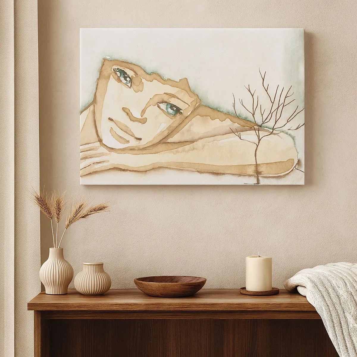 Lærredstryk - Billede på lærred - Kunstnerisk portræt af en kvinde i pastelfarver - 70x50cm - Poesiens træ vokser ud af stilheden - Moderne vægdekoration til stue og soveværelse ARTTOR