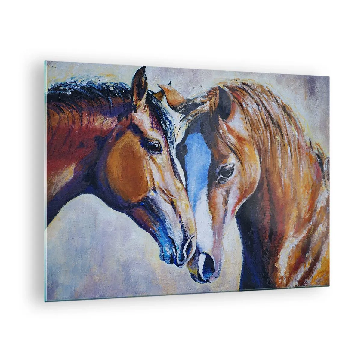 Billede på glas - To heste i en øm gestus af nærhed - 70x50cm - Er det venskab, er det kærlighed? - Moderne vægdekoration til stue og soveværelse ARTTOR