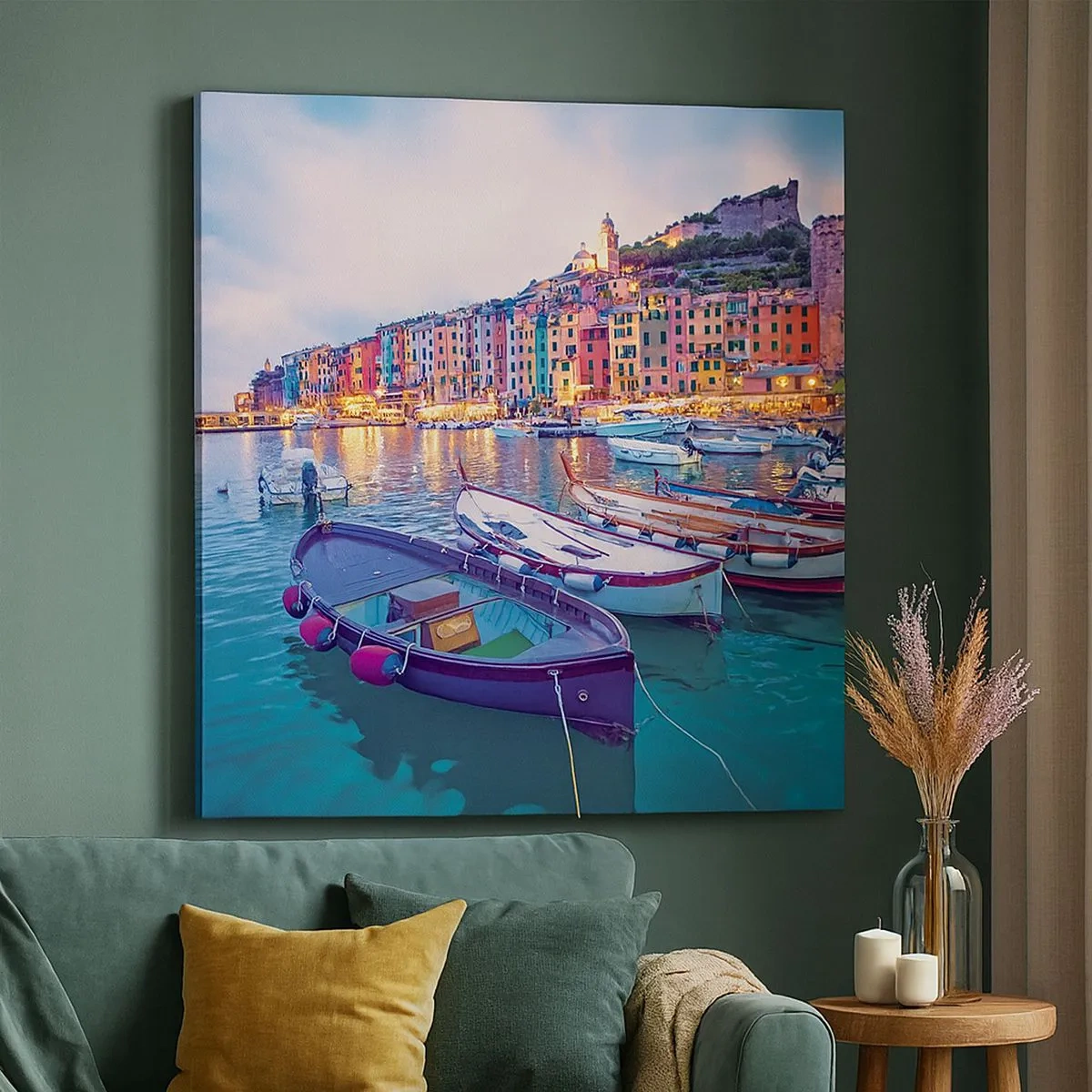 Lærredstryk - Billede på lærred - En farverig aften i havnen - 30x30 cm