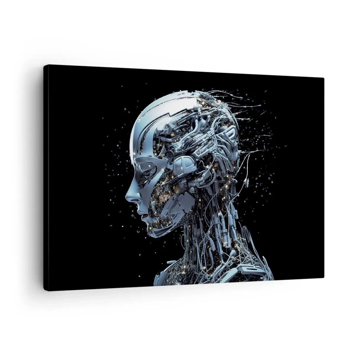 Lærredstryk - Billede på lærred - Futuristisk portræt af en cyborg i industriel stil på en sort baggrund. - 70x50cm - Teknologi er en kvinde - Moderne vægdekoration til stue og soveværelse ARTTOR