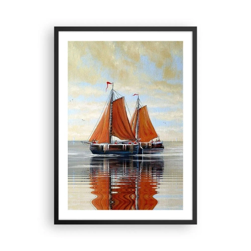 Plakat i sort ramme - Sejlbåde på roligt vand med røde sejl - 50x70cm - Hey, sejl, sømand.... - Moderne vægdekoration til stue og soveværelse ARTTOR