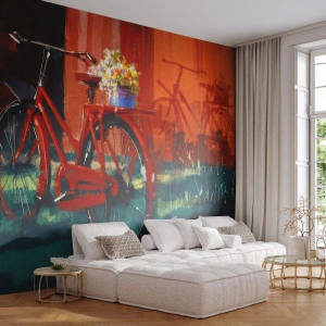 Fototapet Premium Sand - I want to ride my bicycle - Vintage cykel, Blomster i en potte, Rejse - 100x70 cm