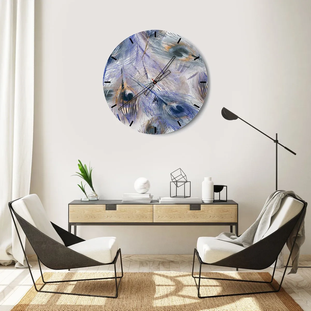 Vægur, Uret - En komposition inspireret af påfuglefjer i en kunstnerisk stil - 30x30cm - Påfugl sammensætning - Moderne vægdekoration til stue, køkken og soveværelse ARTTOR