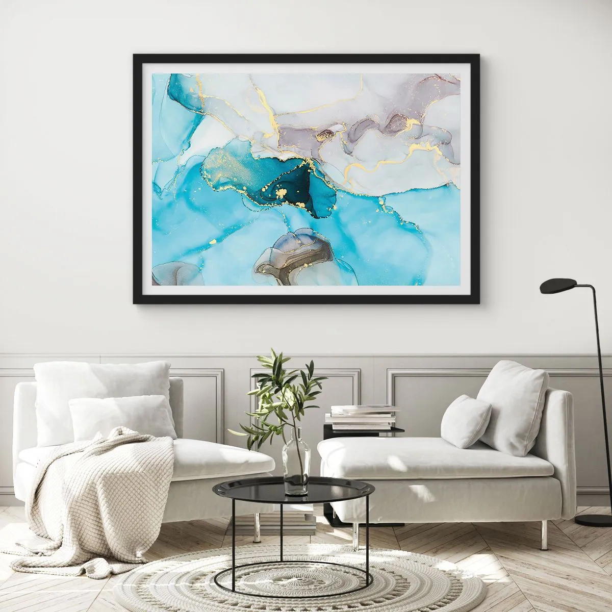 Plakat i sort ramme - En undersøgelse af mødet mellem grå og turkis - 70x50 cm