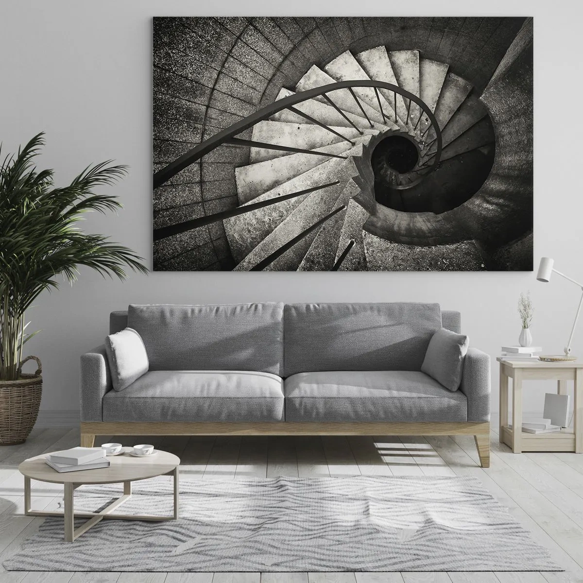 Billede på glas - En sort-hvid vindeltrappe set fra fugleperspektiv - 70x50cm - Op ad trapperne, ned ad trapperne - Moderne vægdekoration til stue og soveværelse ARTTOR