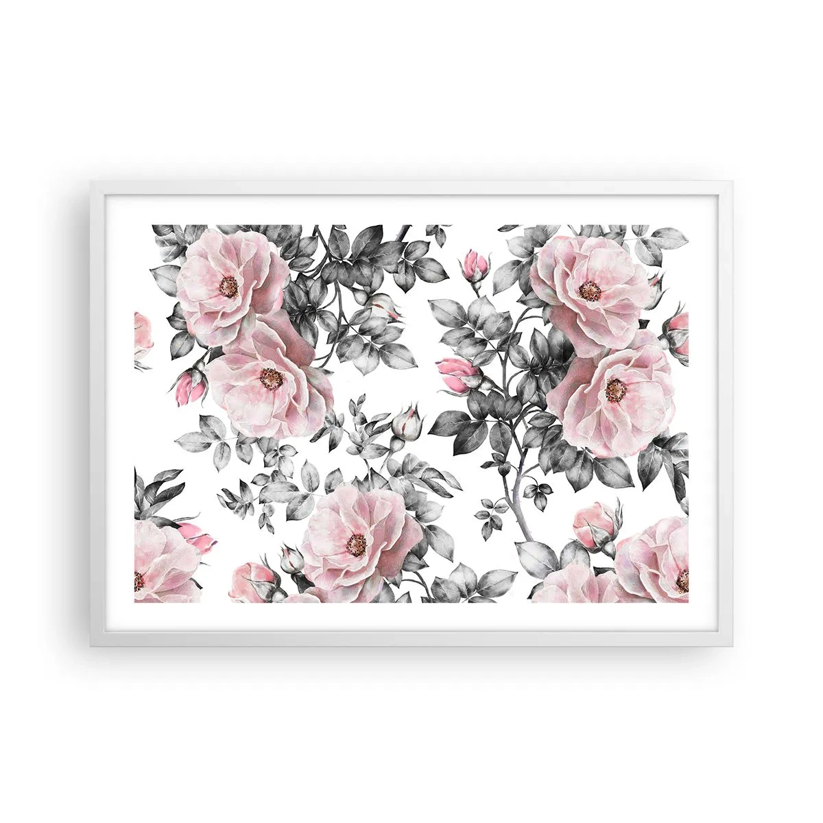 Plakat i hvid ramme - Forsvind i rosenblomsterne - 70x50 cm