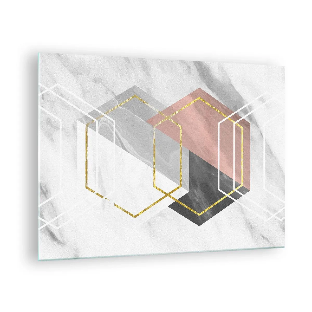 Billede på glas - Gyldne geometriske former på en marmorbaggrund - 70x50cm - Kædesammensætning - Moderne vægdekoration til stue og soveværelse ARTTOR