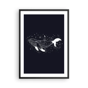 Plakat i sort ramme - En rumhval i grafisk stil på en sort baggrund - 50x70cm - I universets ocean - Moderne vægdekoration til stue og soveværelse ARTTOR