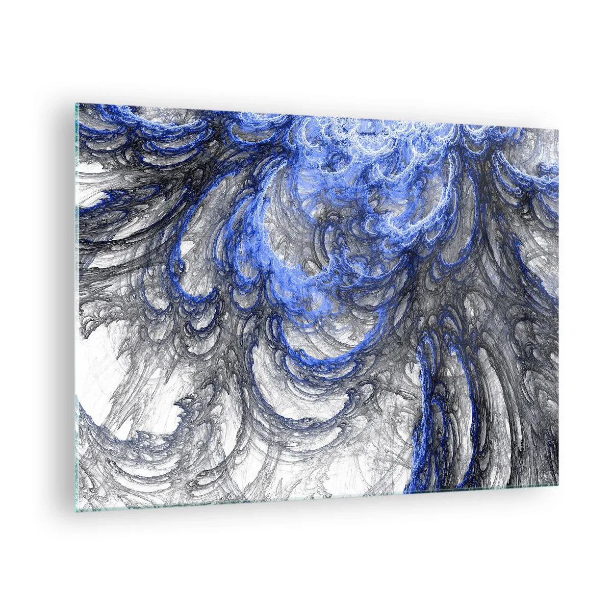 Billede på glas - Dynamisk abstraktion i nuancer af blå og grå - 70x50cm - En bølges fødsel - Moderne vægdekoration til stue og soveværelse ARTTOR