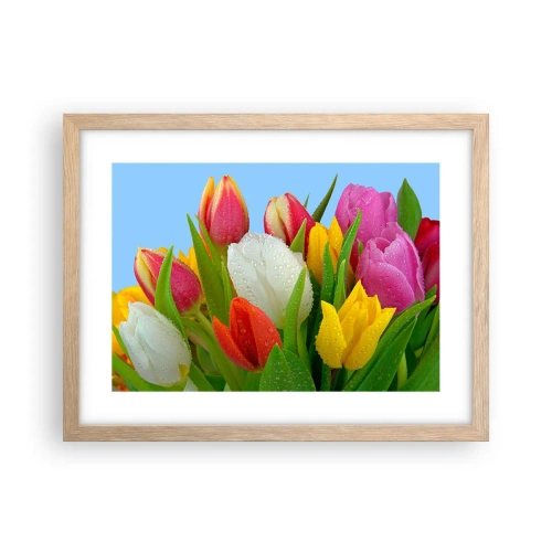 Plakat i ramme af lyst egetræ - En blomstret regnbue i dugdråber - 40x30 cm