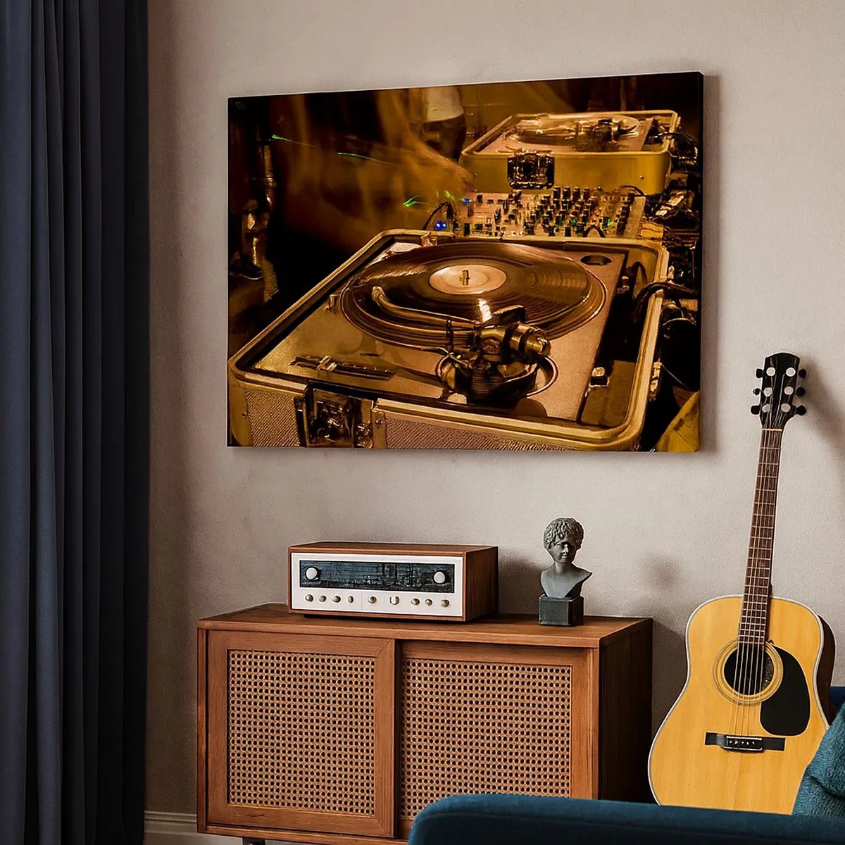 Lærredstryk - Billede på lærred - DJ-udstyr med pladespiller og mixer under en fest - 70x50cm - Kan du mærke kraften? - Moderne vægdekoration til stue og soveværelse ARTTOR