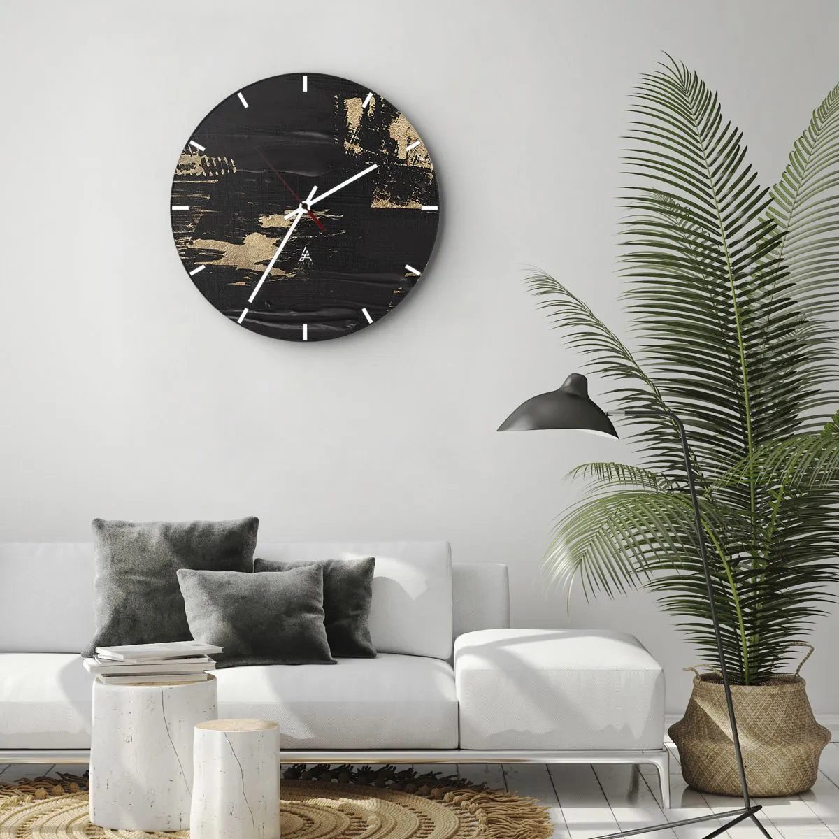 Vægur, Uret - Sort baggrund med dynamiske guldmalingsstrøg - 30x30cm - Et spor af berøring - Moderne vægdekoration til stue, køkken og soveværelse ARTTOR