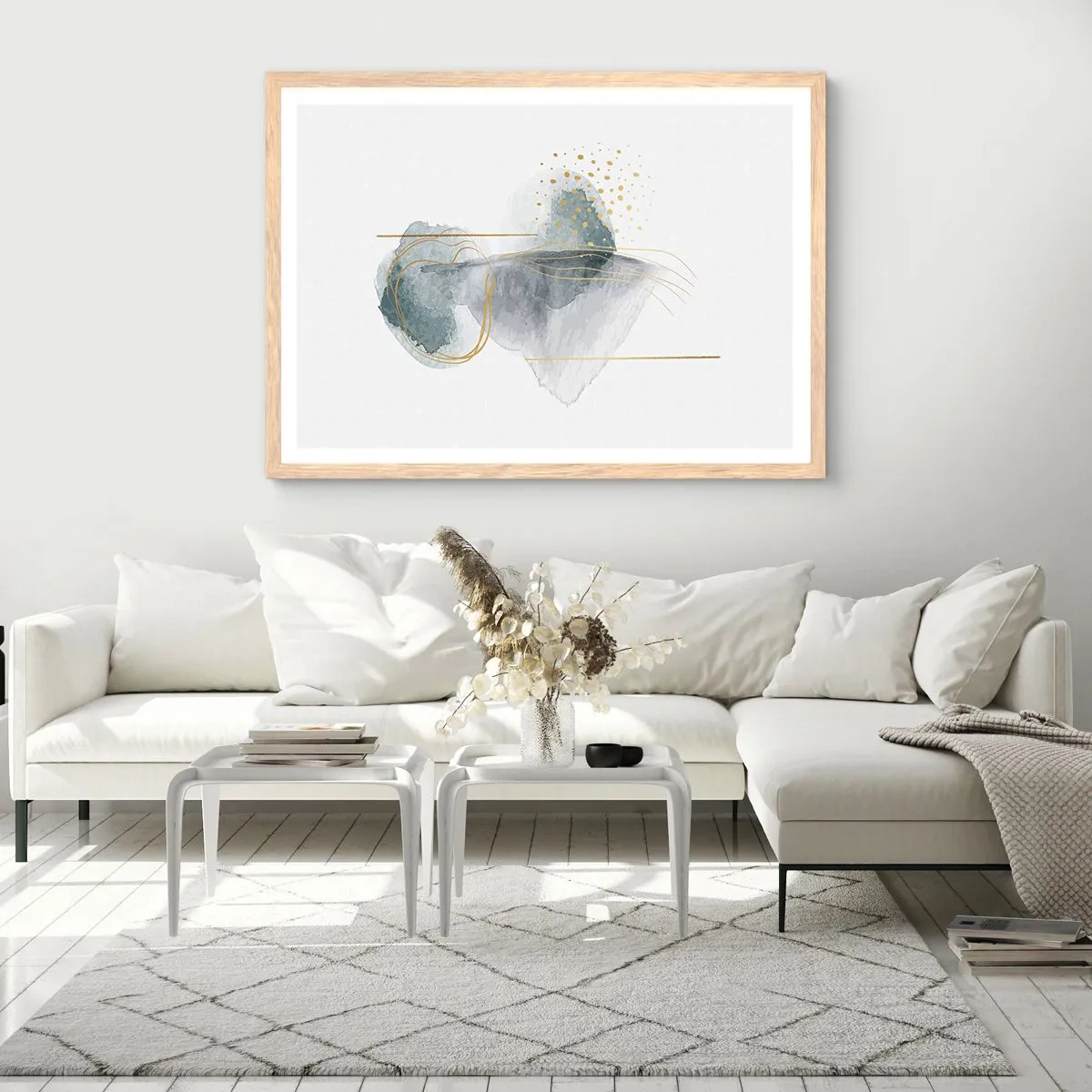 Plakat i ramme af lyst egetræ - Om forholdet mellem grå og guld - 50x40 cm
