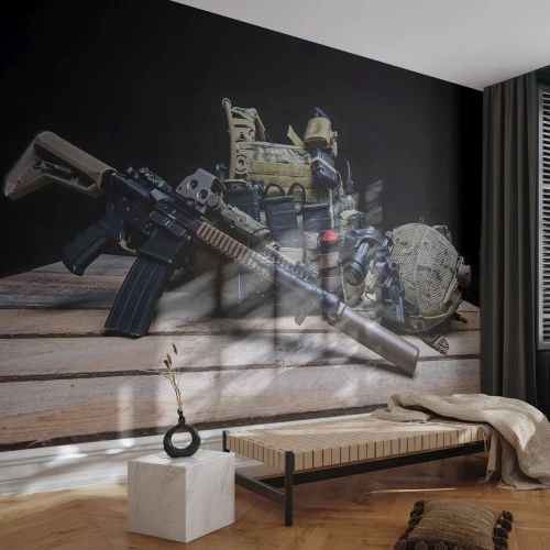 Fototapet Selvklæbende Deluxe Sticker - Hvil! - Militær, Riffel, Våben - 150x105 cm