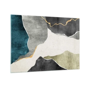 Billede på glas - Abstrakt mosaik med organiske former og en gylden linje - 70x50cm - Mosaikkomposition med en streng af guld - Moderne vægdekoration til stue og soveværelse ARTTOR