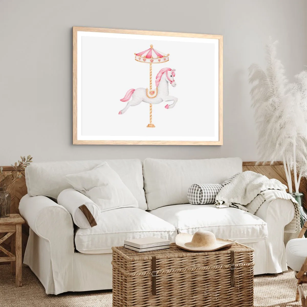 Plakat i ramme af lyst egetræ - Han satte af sted med en hov - 40x30 cm