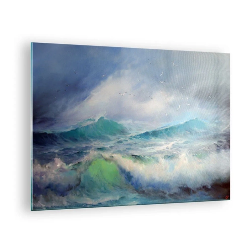 Billede på glas - Bølger i havet med fugle på en overskyet himmel - 70x50cm - "Hvirvelvinden hylede af triumf ...’ - Moderne vægdekoration til stue og soveværelse ARTTOR