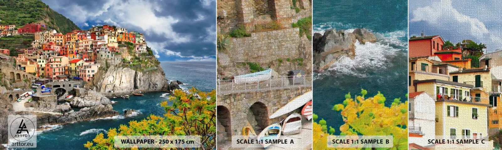 Prøve Fototapet Premium Canvas - En klynge klæber sig til klipperne - Landskab, Arkitektur, Italien - 100x30 cm