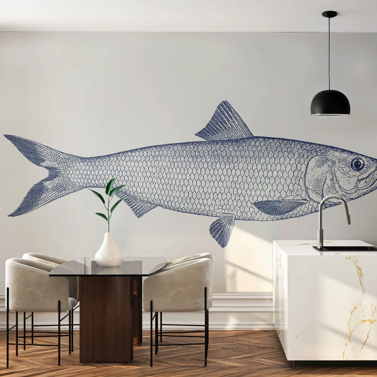 Fototapet Selvklæbende Deluxe Sticker - Hilsner fra de nordlige have - Fisk, Havdyr, Seaside stil - 250x175 cm