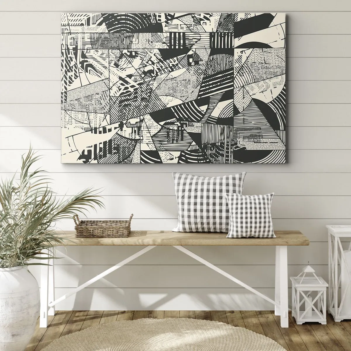 Lærredstryk - Billede på lærred - Geometriske abstrakte mønstre i grønne nuancer på en lys baggrund - 70x50cm - Nutidens dynamik - Moderne vægdekoration til stue og soveværelse ARTTOR