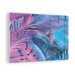 Billede på glas - Tropiske blade i nuancer af lyserød og blå på en neonbaggrund - 70x50cm - Troperne i lyserød og blå - Moderne vægdekoration til stue og soveværelse ARTTOR