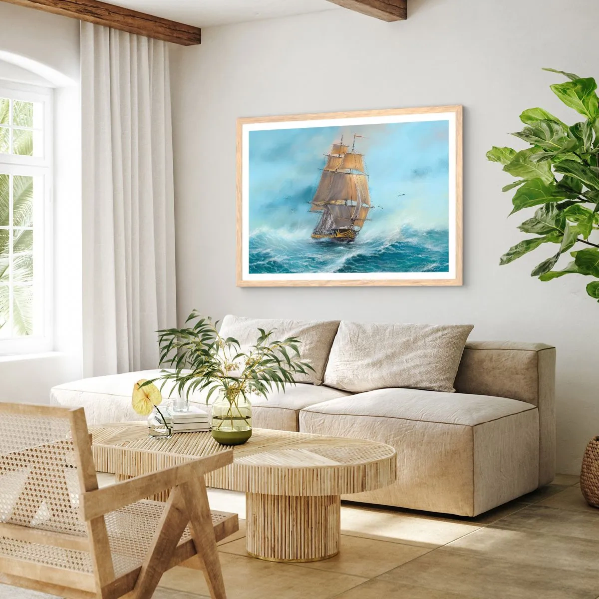 Plakat i ramme af lyst egetræ - Bølgende gennem bølgerne - 100x70 cm