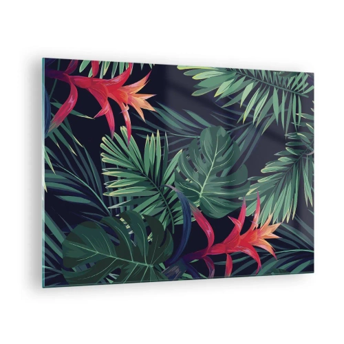 Billede på glas - Eksotiske blade og blomster på en mørk baggrund - 70x50cm - Brænd i grønt - Moderne vægdekoration til stue og soveværelse ARTTOR