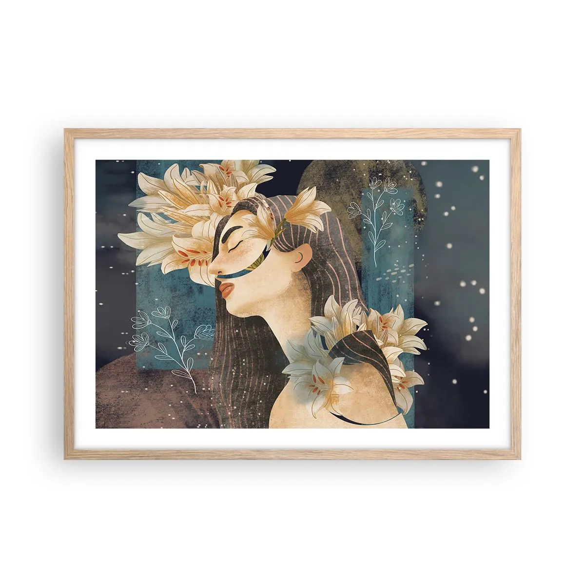 Plakat i ramme af lyst egetræ - Eventyret om prinsessen med liljerne - 70x50 cm