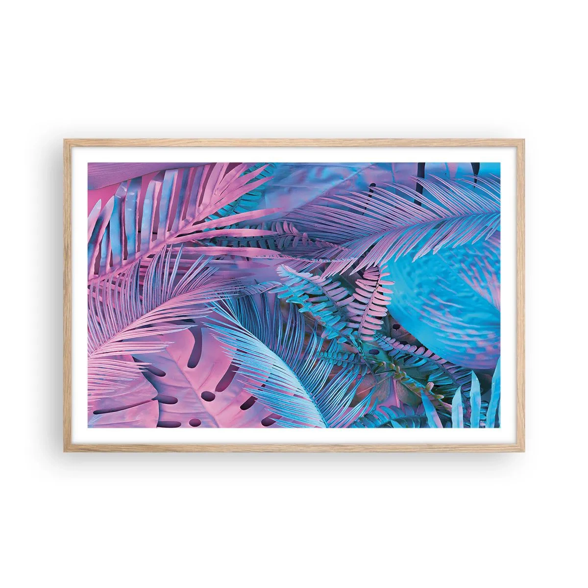 Plakat i ramme af lyst egetræ - Troperne i lyserød og blå - 91x61 cm