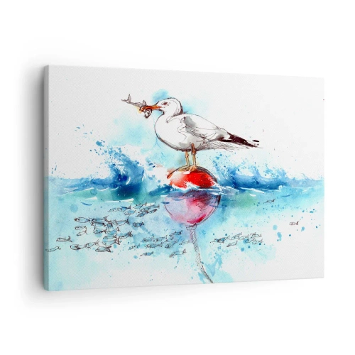Lærredstryk - Billede på lærred - Måge på en bøje med fisk i baggrunden i akvarelstil - 70x50cm - Succesfuldt fiskeri - Moderne vægdekoration til stue og soveværelse ARTTOR