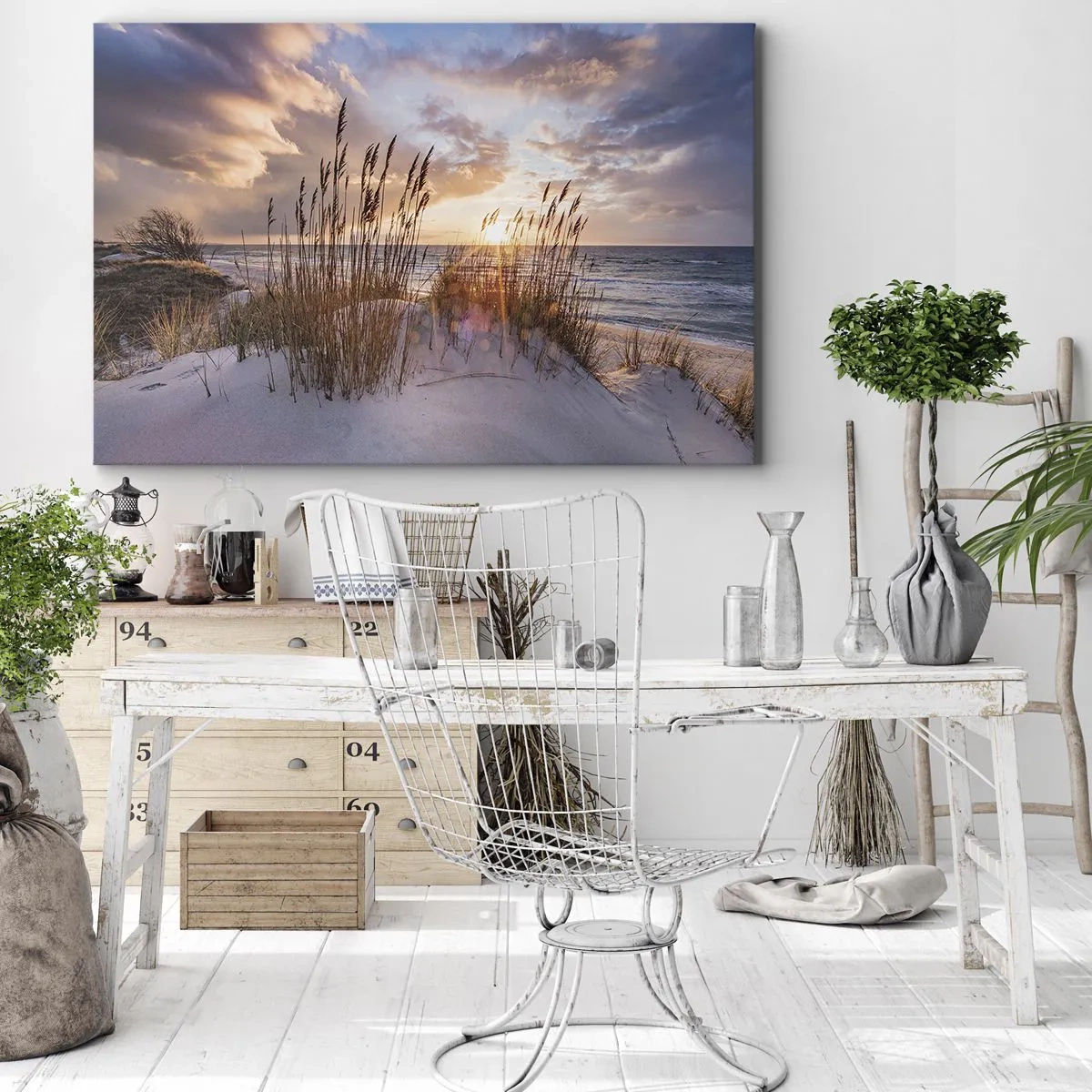 Lærredstryk - Billede på lærred - Klitter med græs mod baggrunden af den nedgående sol - 70x50cm - Farvel til sol og vind - Moderne vægdekoration til stue og soveværelse ARTTOR