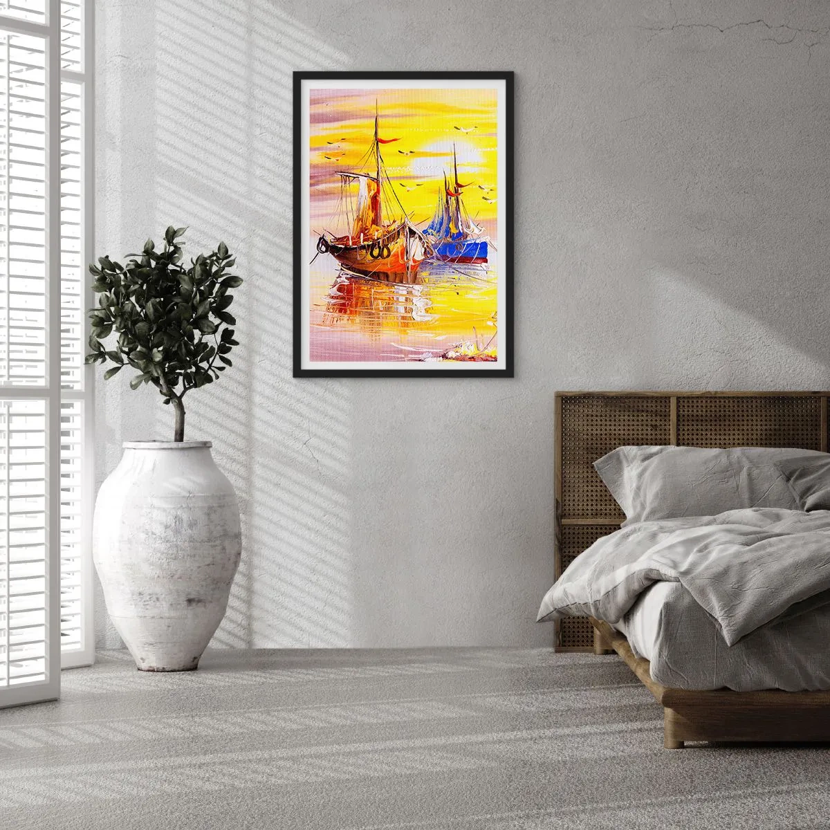 Plakat i sort ramme - Farverige sejlbåde ved solnedgang - 50x70cm - Et velfortjent hvil i havnen - Moderne vægdekoration til stue og soveværelse ARTTOR