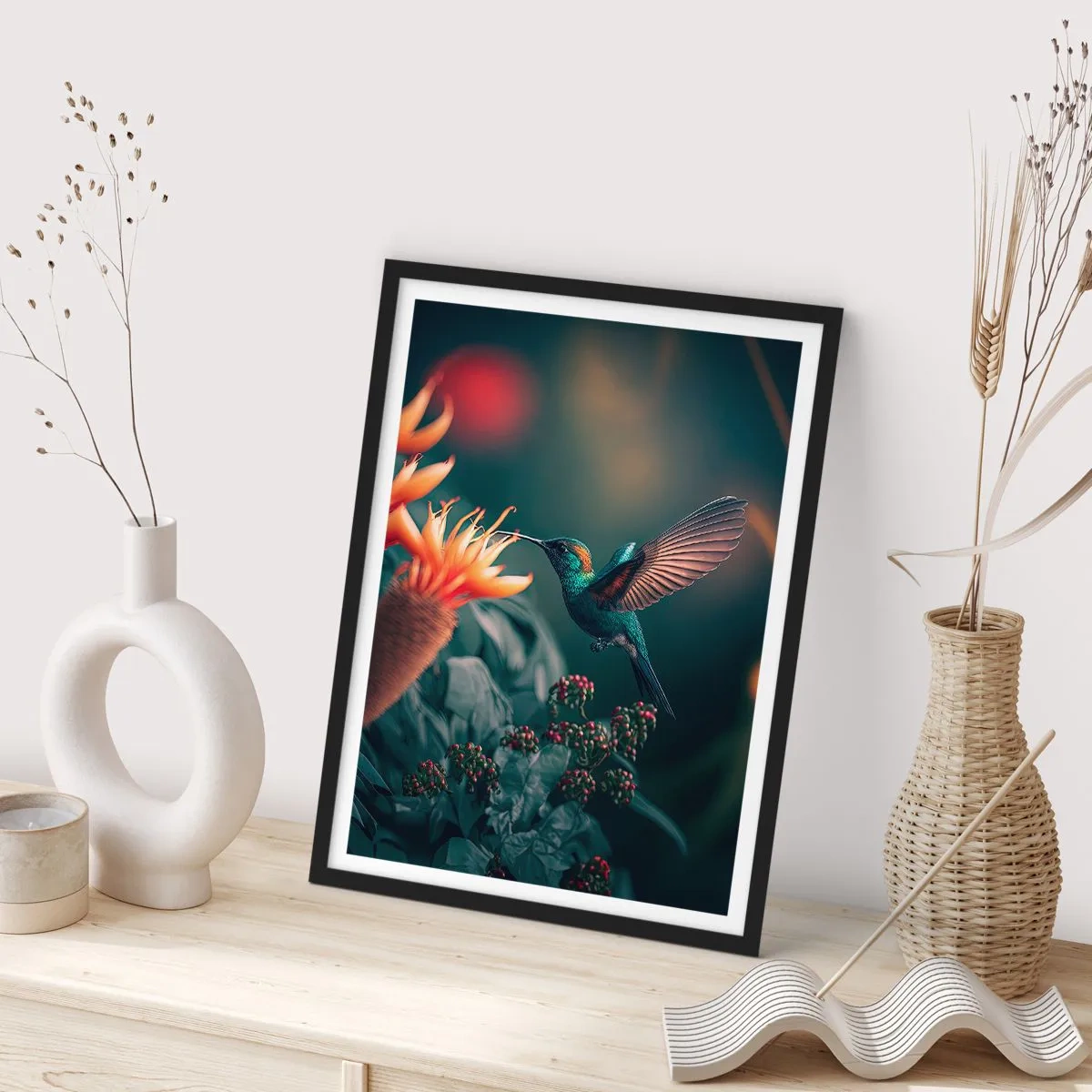 Plakat i sort ramme - En farverig kolibri nær blomster blandt grønne områder - 50x70cm - Et virkelig farverigt liv - Moderne vægdekoration til stue og soveværelse ARTTOR