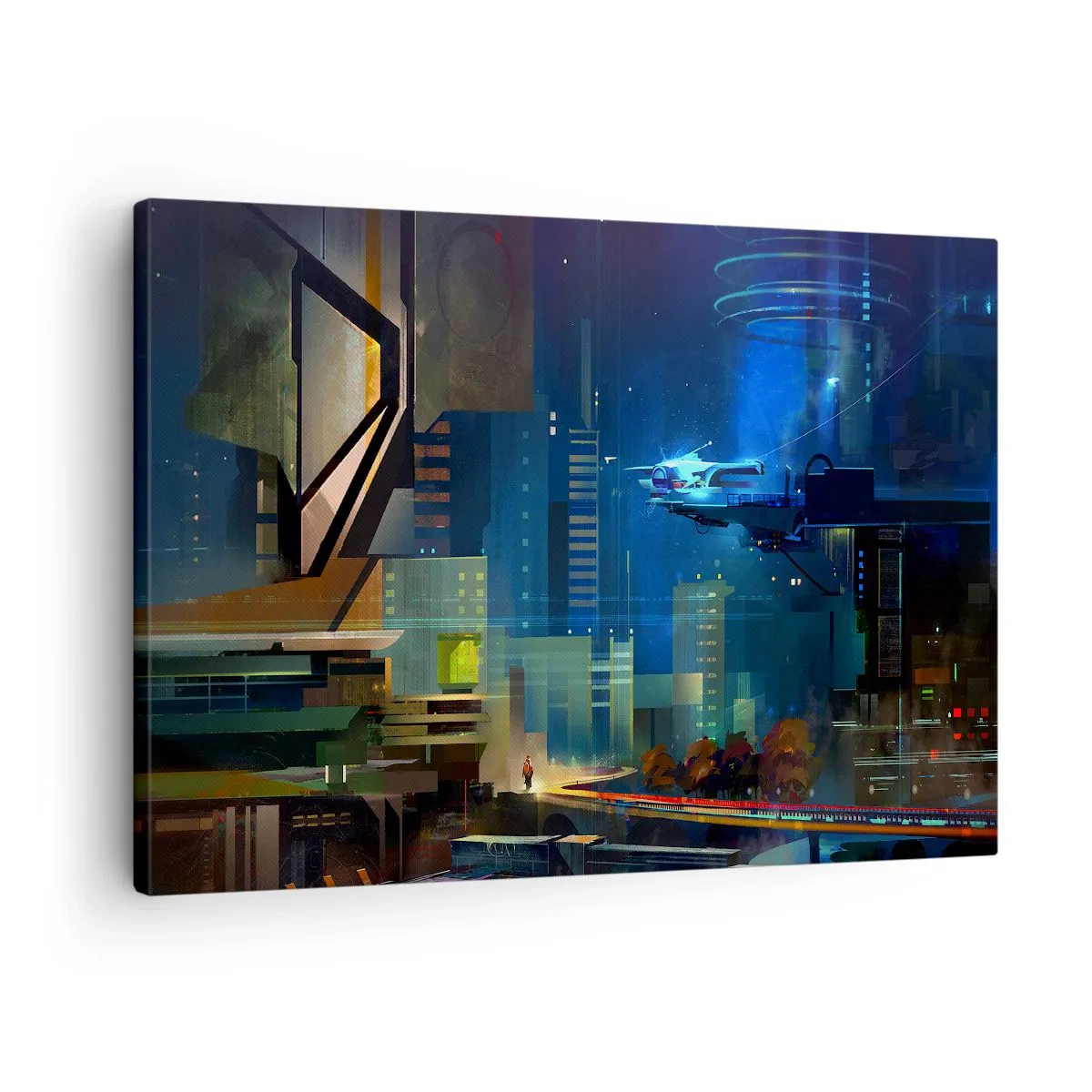 Lærredstryk - Billede på lærred - Futuristisk by om natten med neonlys og et flyvende køretøj - 70x50cm - I den nærmeste fremtid - Moderne vægdekoration til stue og soveværelse ARTTOR