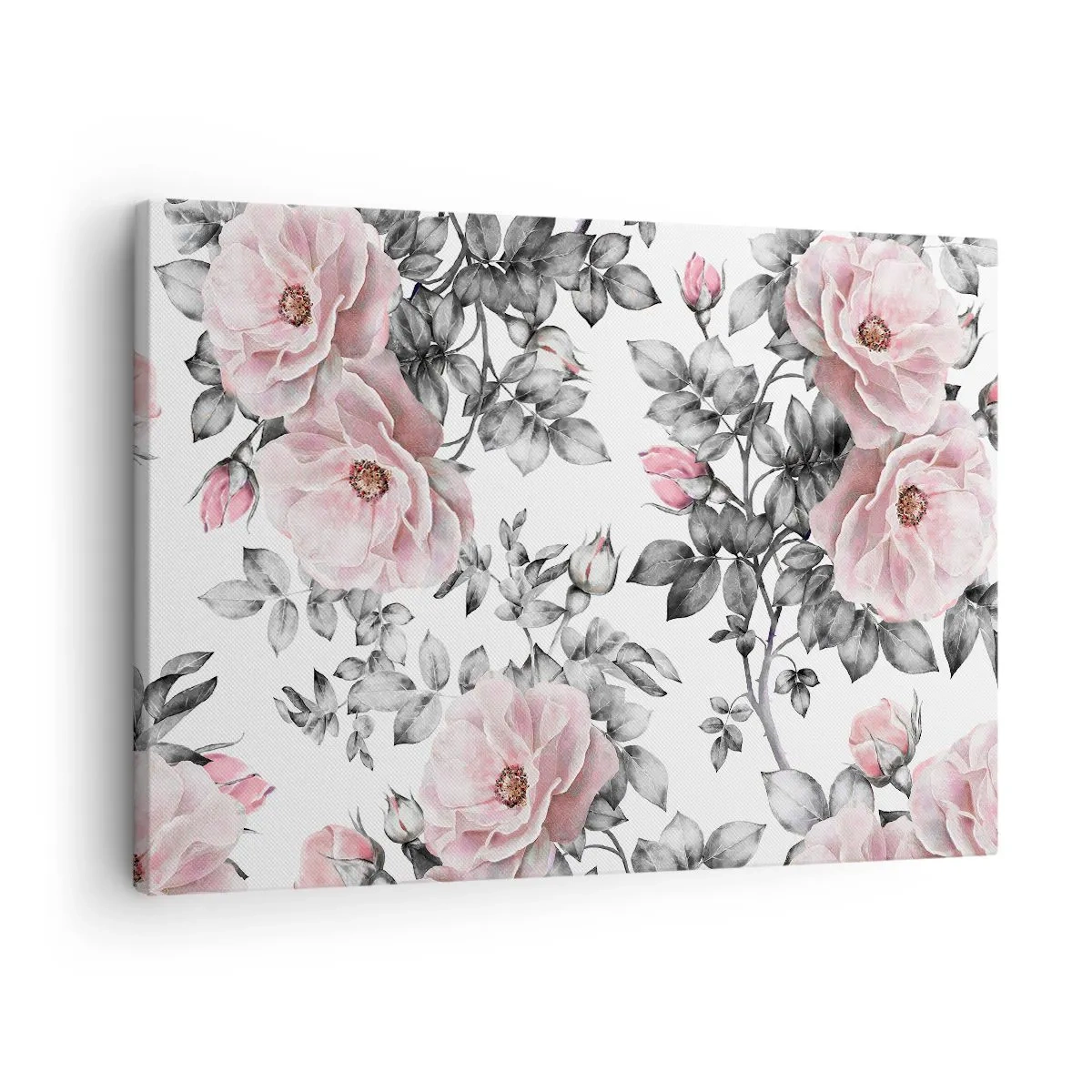 Lærredstryk - Billede på lærred - Lyserøde roser og blade på en delikat sort og hvid baggrund - 70x50cm - Forsvind i rosenblomsterne - Moderne vægdekoration til stue og soveværelse ARTTOR