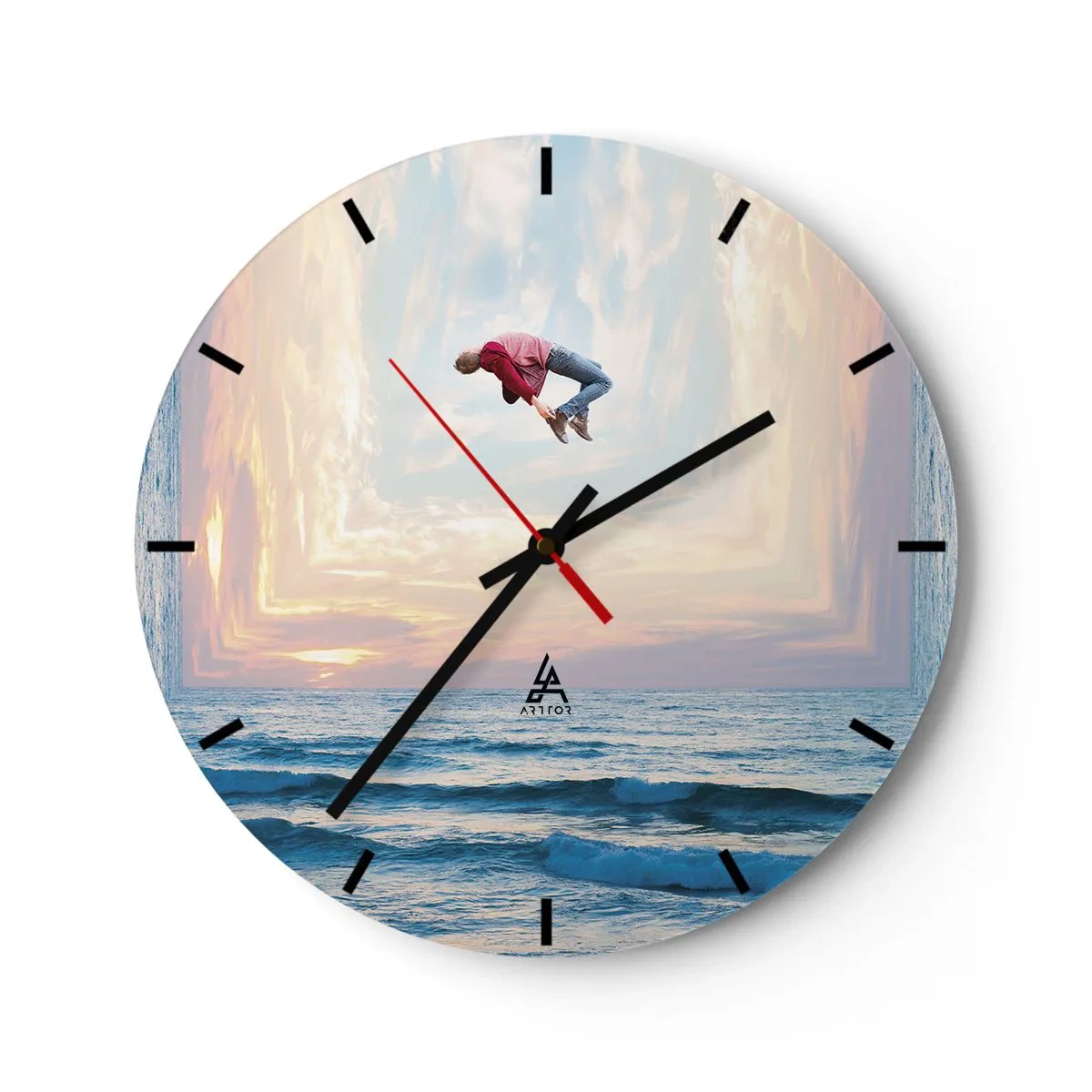 Vægur, Uret - En hoppende figur ved havet i et surrealistisk landskab - 30x30cm - Til en anden dimension - Moderne vægdekoration til stue, køkken og soveværelse ARTTOR