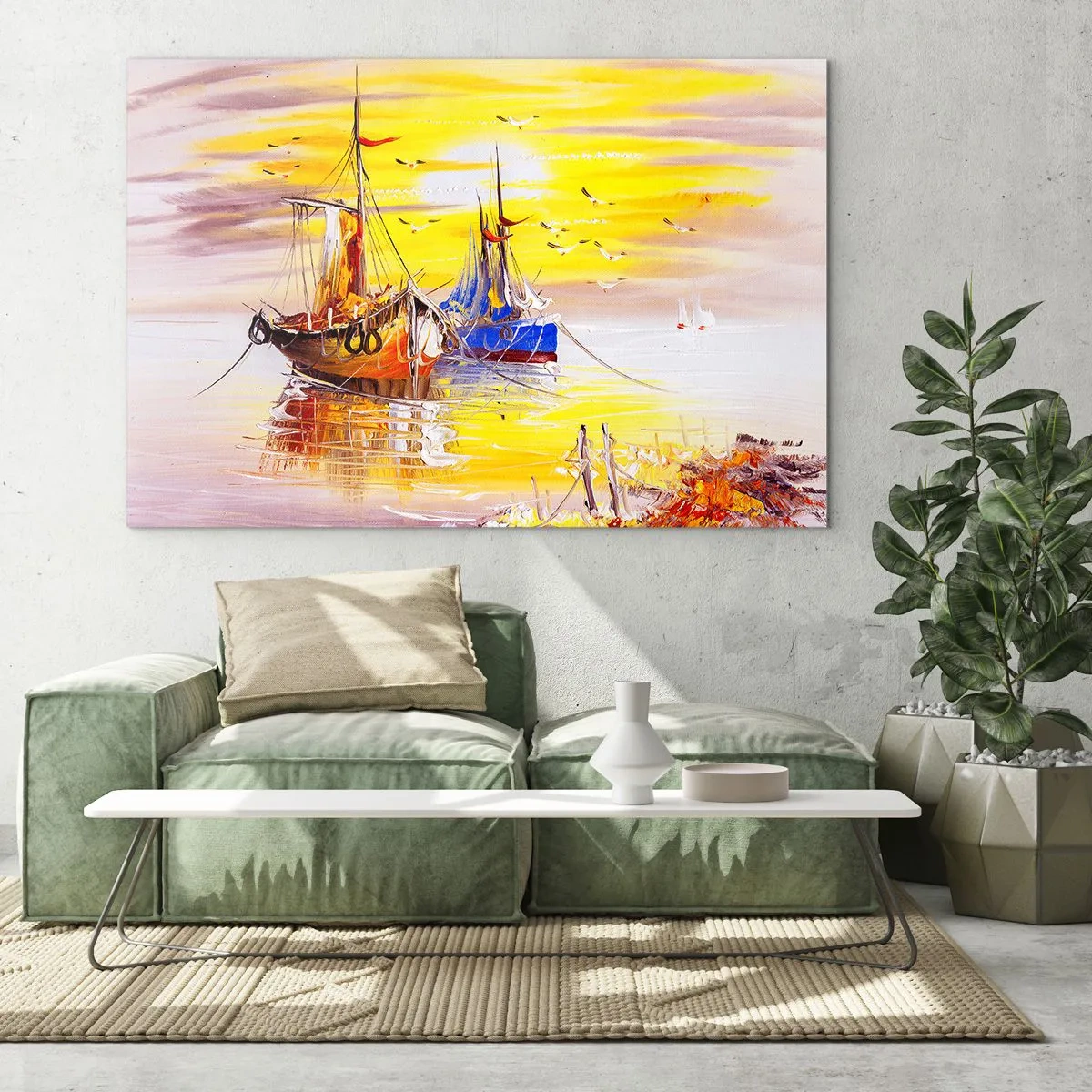 Billede på glas - Fiskerbåde ved solnedgang på roligt vand - 70x50cm - Et velfortjent hvil i havnen - Moderne vægdekoration til stue og soveværelse ARTTOR