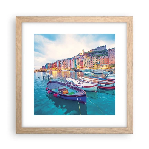 Plakat i ramme af lyst egetræ - En farverig aften i havnen - 30x30 cm