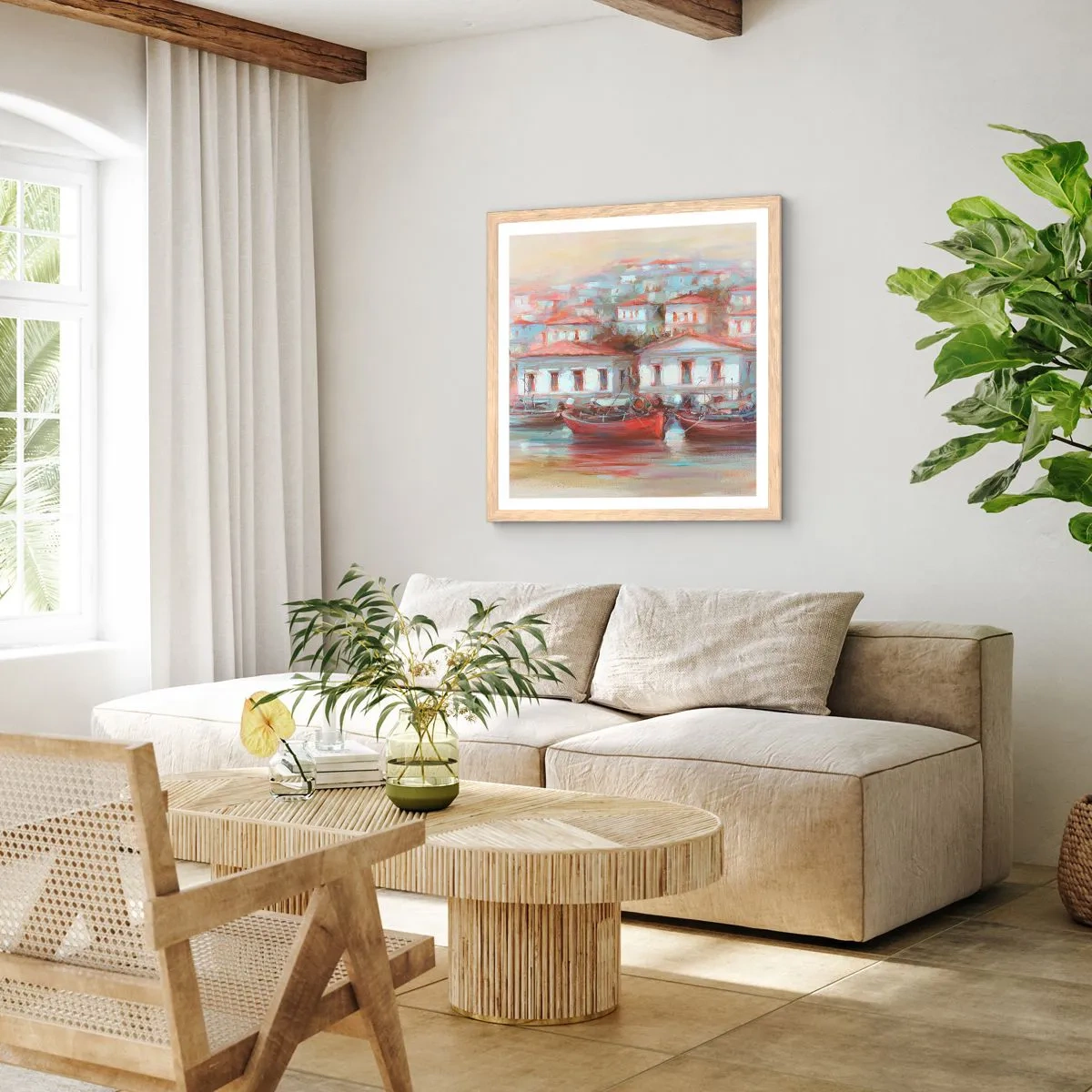 Plakat i ramme af lyst egetræ - Lykkelig by - 30x30 cm