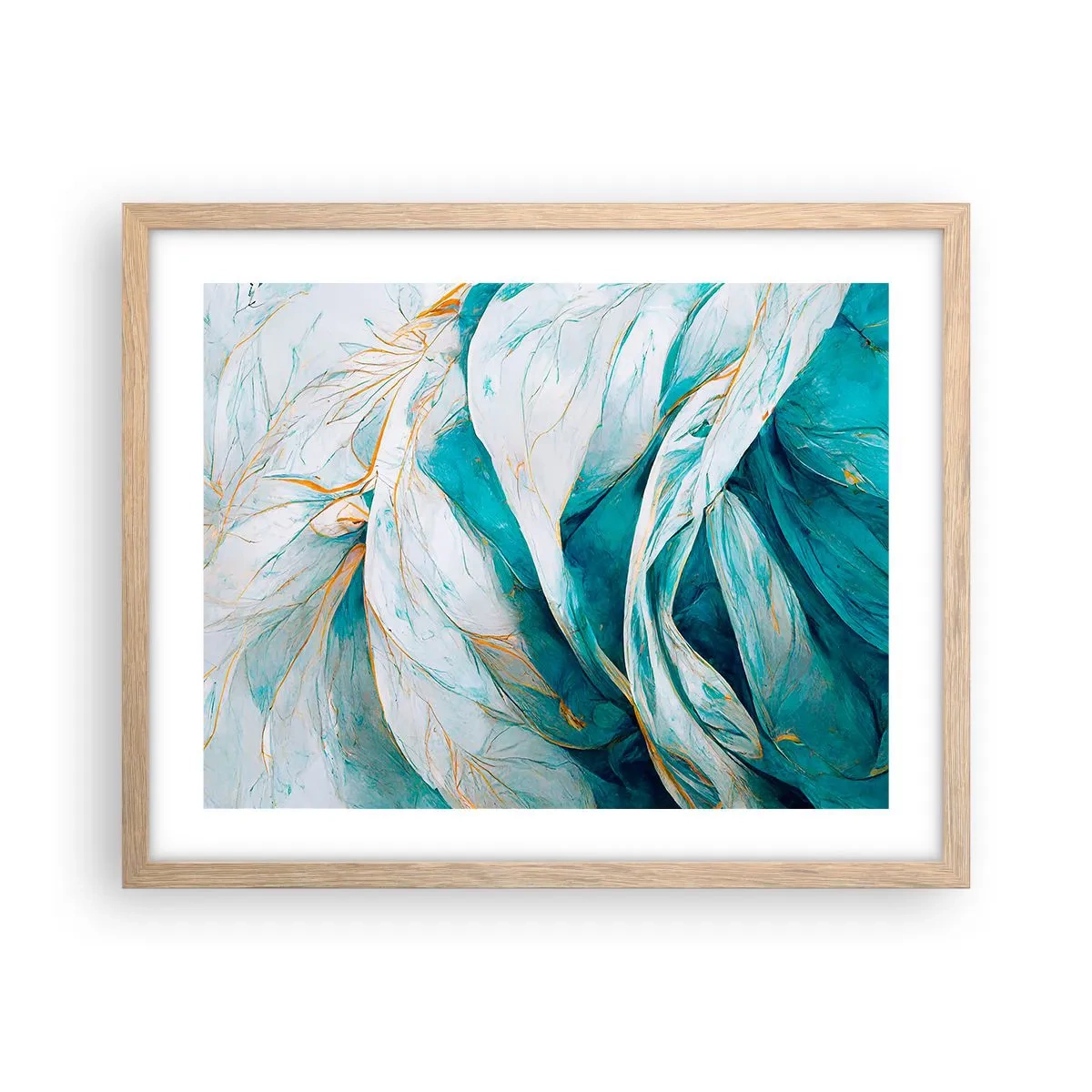 Plakat i ramme af lyst egetræ - Blå abstraktion med et guldmotiv - 50x40 cm