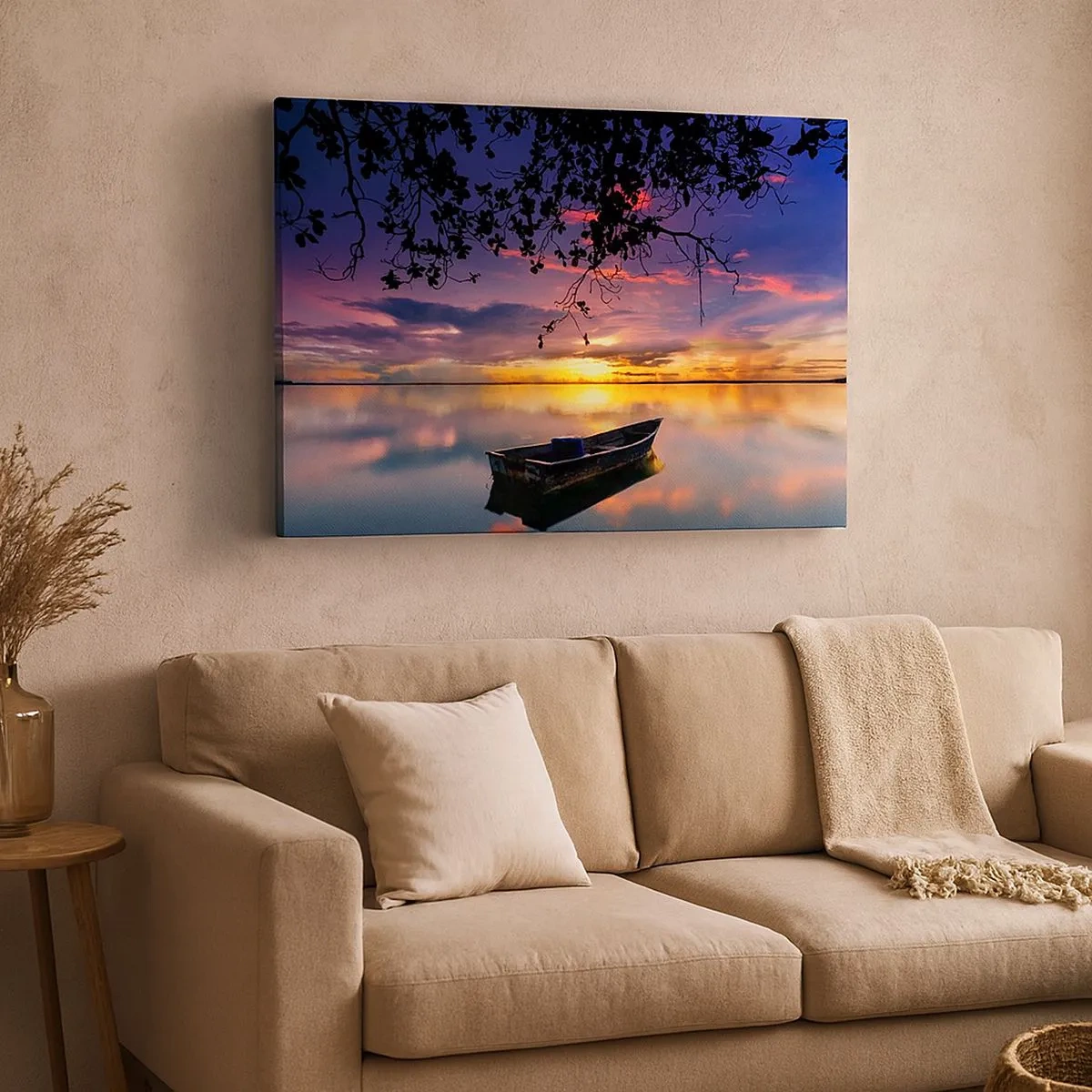 Lærredstryk - Billede på lærred - En båd på roligt vand ved solnedgang - 70x50cm - "Det ser ud til, at du hænger midt på himlen..." - Moderne vægdekoration til stue og soveværelse ARTTOR