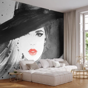 Fototapet Selvklæbende Deluxe Sticker - Dame i sort - Kvinde, Kvindens ansigt, Portræt af en kvinde - 500x350 cm