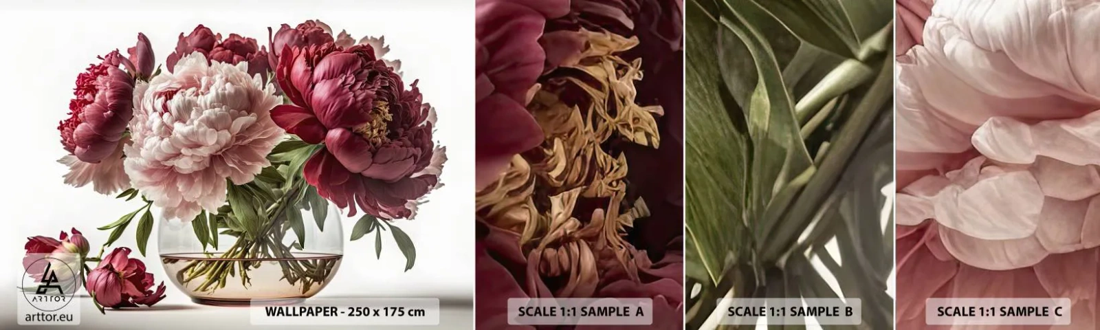 Prøve Fototapet Selvklæbende Deluxe Sticker - I fuldt flor af skønhed - Buket blomster, Vase, Pæoner - 100x30 cm