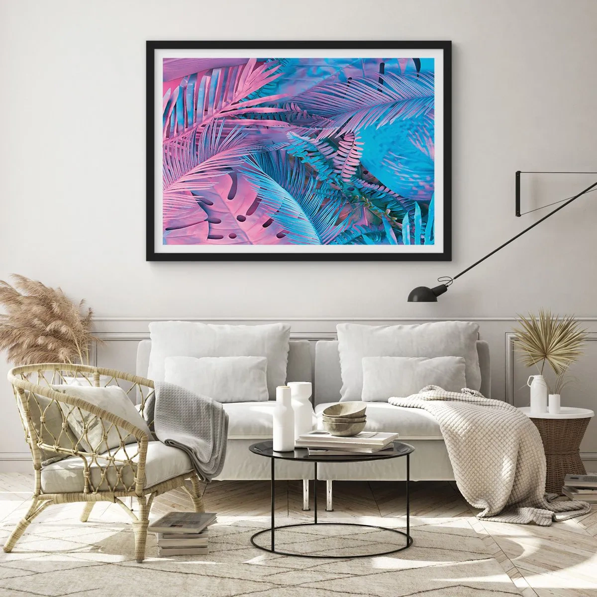 Plakat i sort ramme - Troperne i lyserød og blå - 50x40 cm