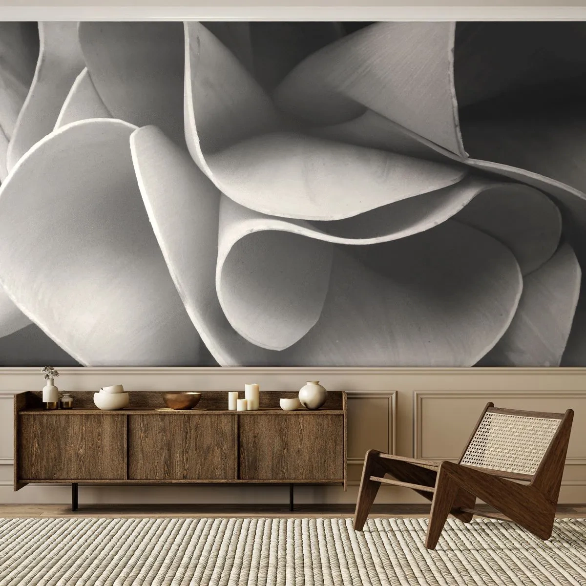 Fototapet Premium Sand - Hvad der sker i rummet - Abstraktion, Stykke, Sort og hvid - 100x70 cm