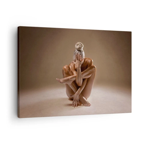 Lærredstryk - Billede på lærred - Kunstnerisk silhuet af en kvinde på en beige baggrund - 70x50cm - Enhed mellem krop og ånd - Moderne vægdekoration til stue og soveværelse ARTTOR