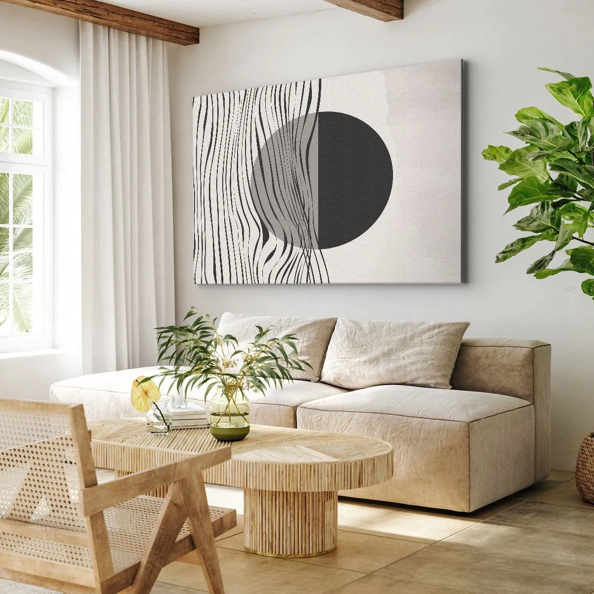 Lærredstryk - Billede på lærred - Abstrakte linjer og geometriske former i dæmpede farver - 70x50cm - Halvkomposition - Moderne vægdekoration til stue og soveværelse ARTTOR