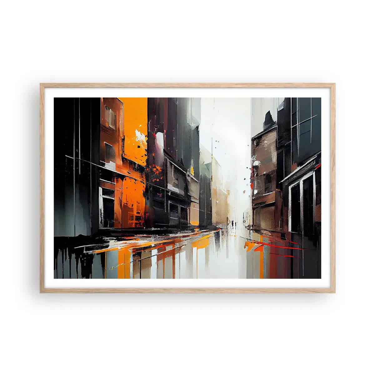 Plakat i ramme af lyst egetræ - Regnfuld dag - 100x70 cm