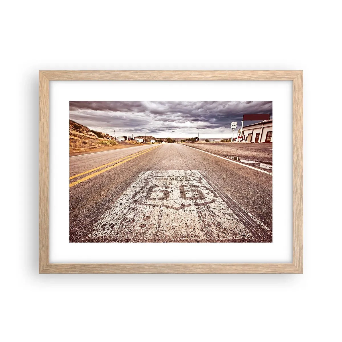 Plakat i ramme af lyst egetræ - Mother Road - amerikansk legende - 40x30 cm